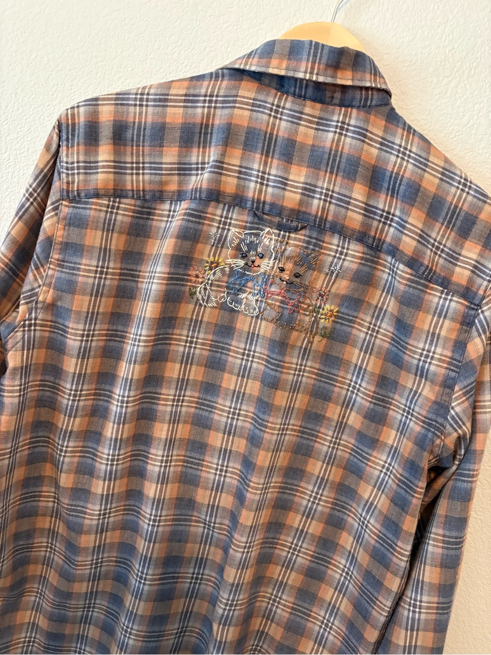 Upcycled Hand Embroidered Kitten Plaid Button-Up Shirt